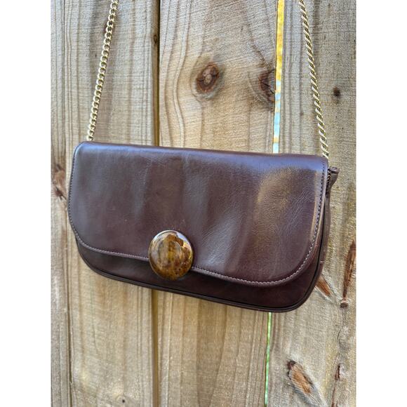 Vintage Chocolate Leather Shoulder Bag with Sculptural Faux Stone Clasp - Picture 4 of 5